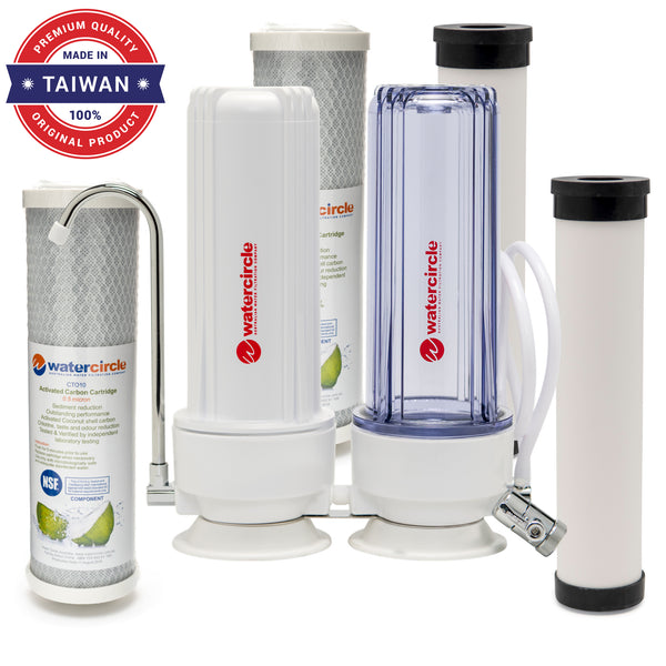 Twin Bench top / Counter top water filter system complete set with 0.9 micron (Near Absolute) cartridges (3 stages system)