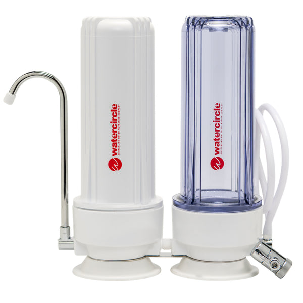 Twin Bench top / Counter top water filter system complete set with 0.9 micron (Near Absolute) cartridges (3 stages system)