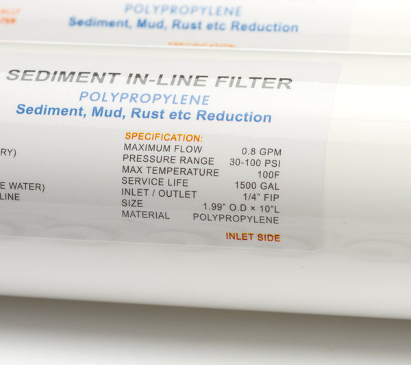 10" Sediment (Polypropylene) Inline water filter with 1/4" (6mm) tubing connector