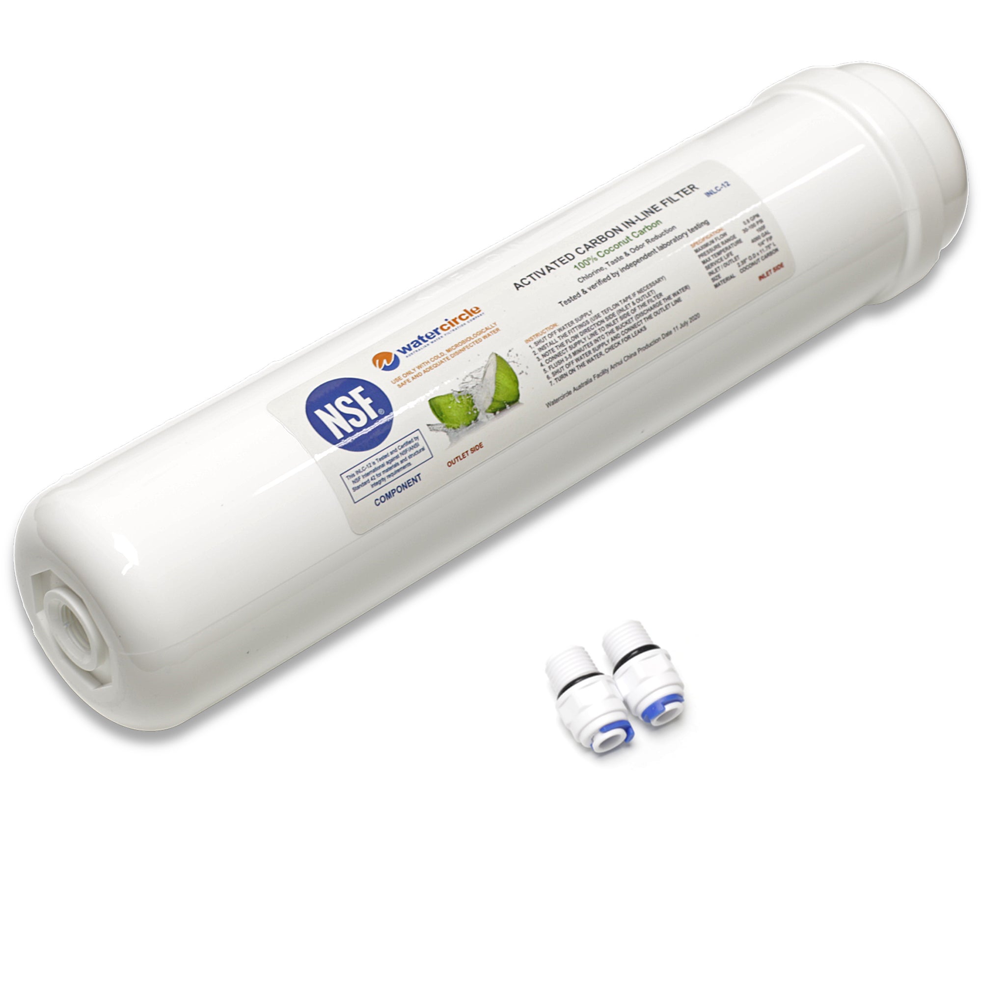 12" Carbon Inline water filter with 1/4" (6mm) tubing connector NSF approved