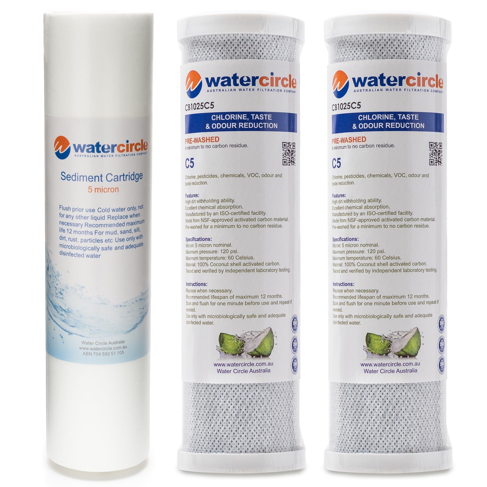 Sediment + 2 x Carbon Block Chlorine filter 5 micron size 10" x 2.5"