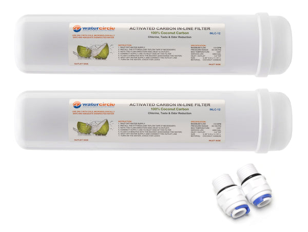 Watercircle 2x 12" Carbon Inline water filter with 1/4" (6mm) tubing connector
