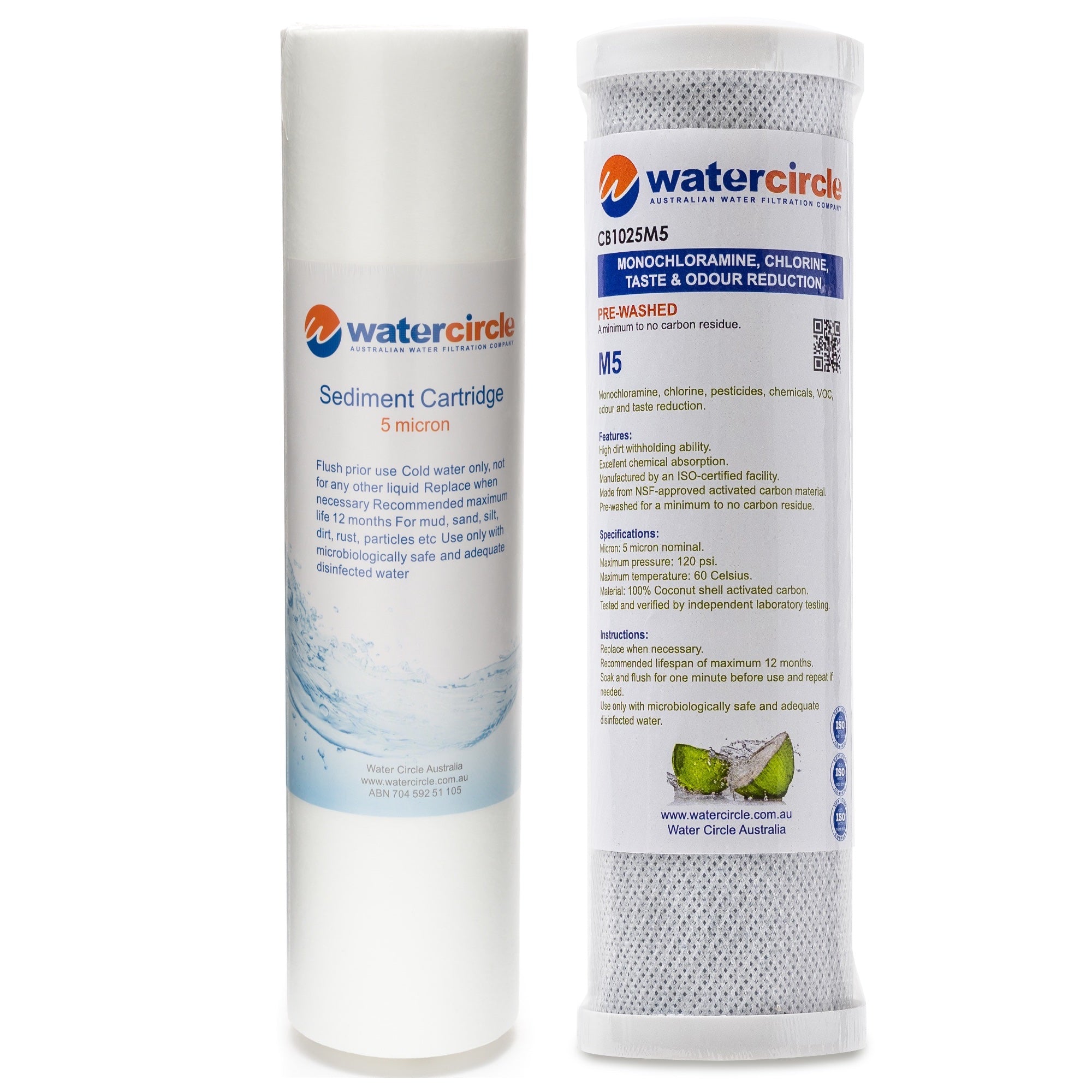 Sediment + Carbon filter for Chloramine & Chlorine removal 5 micron size 10" x 2.5"