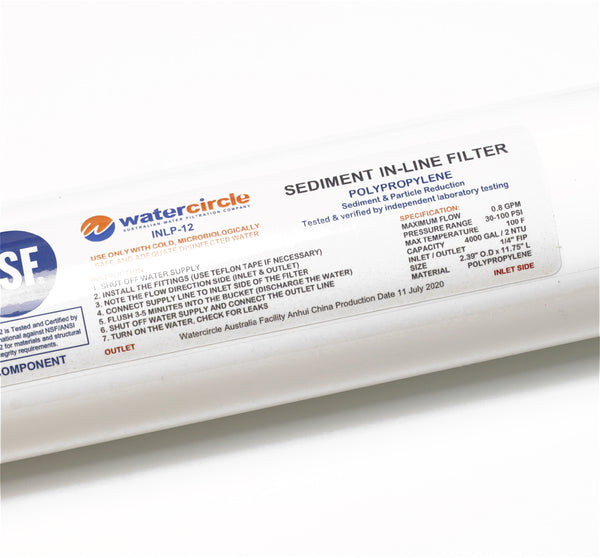 12" Sediment (Polypropylene) Inline water filter with 1/4" (6mm) tubing connector NSF approved