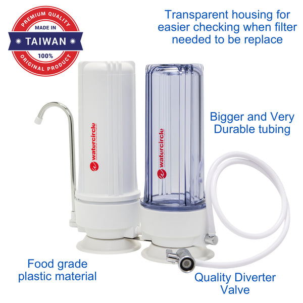 Twin Bench top / Counter top water filter system complete set with 0.9 micron (Near Absolute) cartridges (3 stages system)