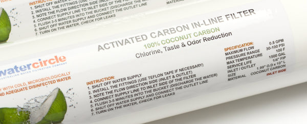 10" Carbon Inline water filter with 1/4" (6mm) tubing connector