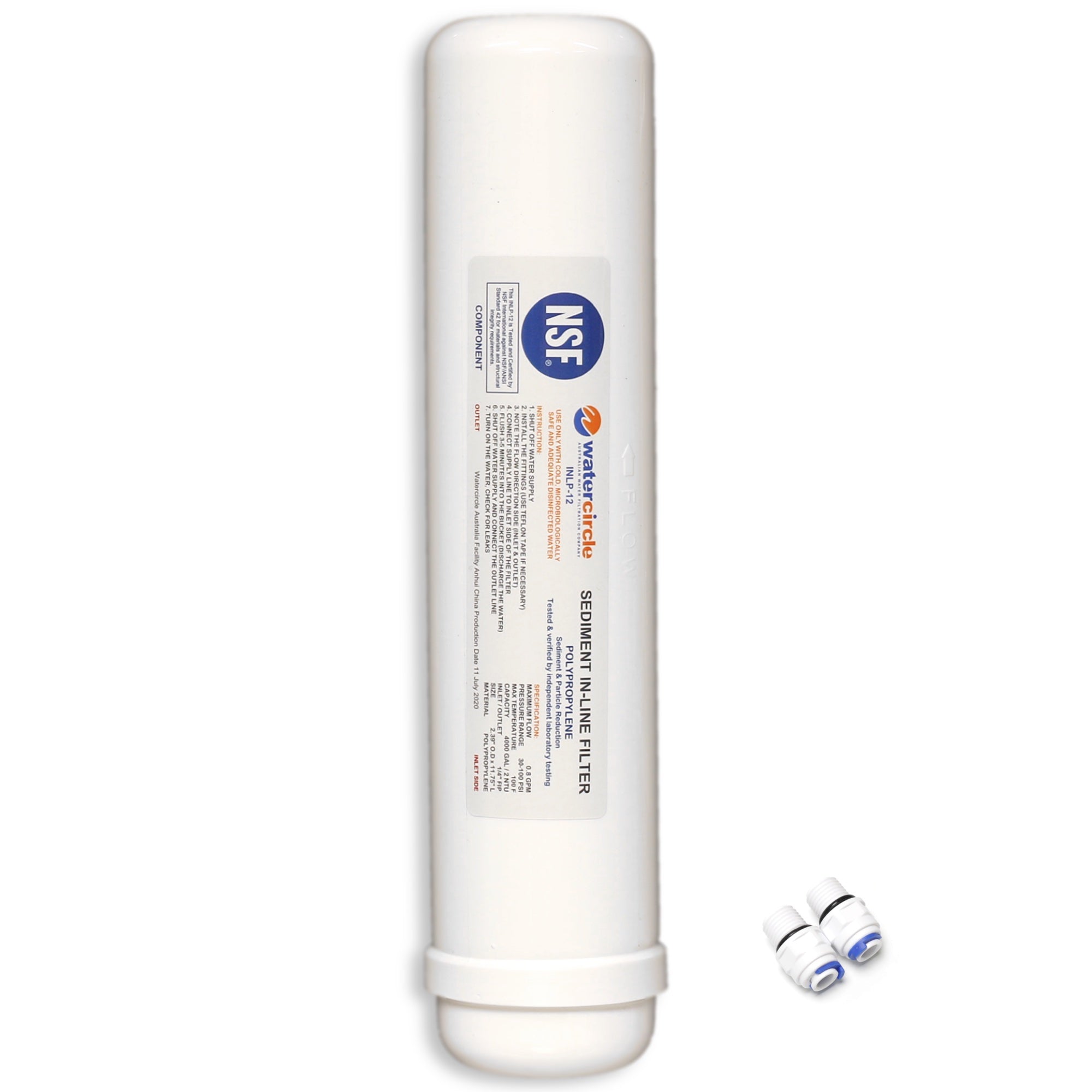 12" Sediment (Polypropylene) Inline water filter with 1/4" (6mm) tubing connector NSF approved